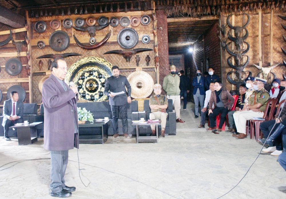 Nagaland Governor, Prof Jagdish Mukhi interacting with heads of offices in Mon District at Longwa Village on January 21.